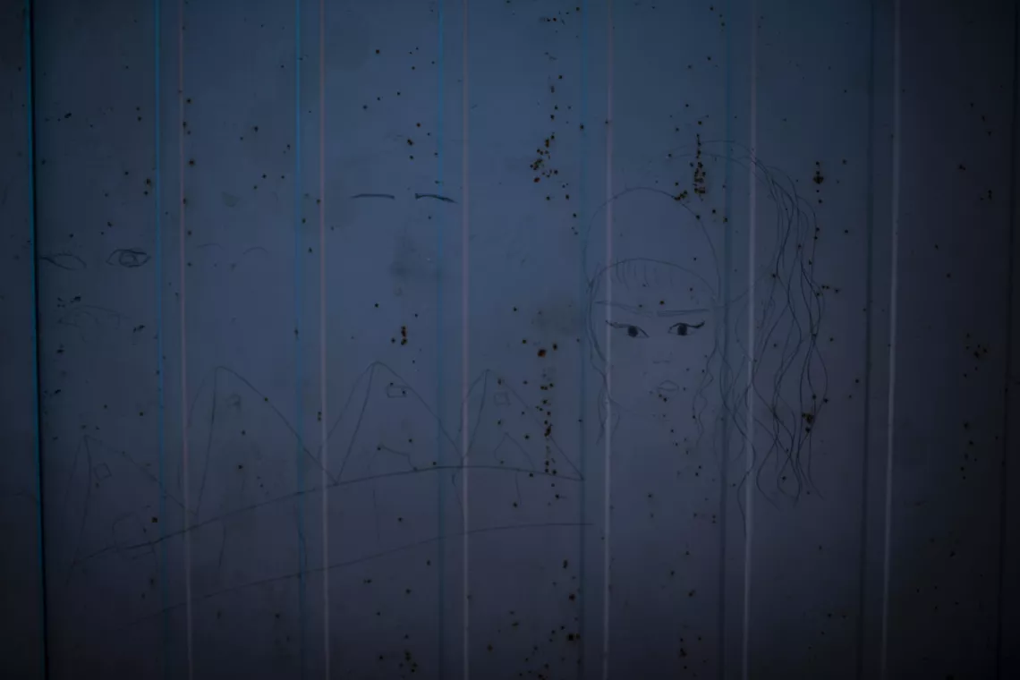 L&rsquo;un des dessins d&rsquo;Hanan sur un mur de l&rsquo;h&eacute;bergement temporaire qu&rsquo;elle occupe avec sa famille.