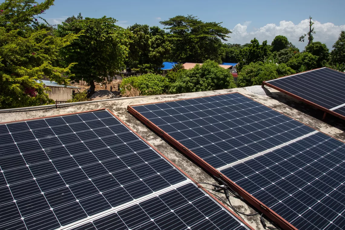 Solar panels cover the roof of Dispensaire Sacr&eacute;-Coeur. 