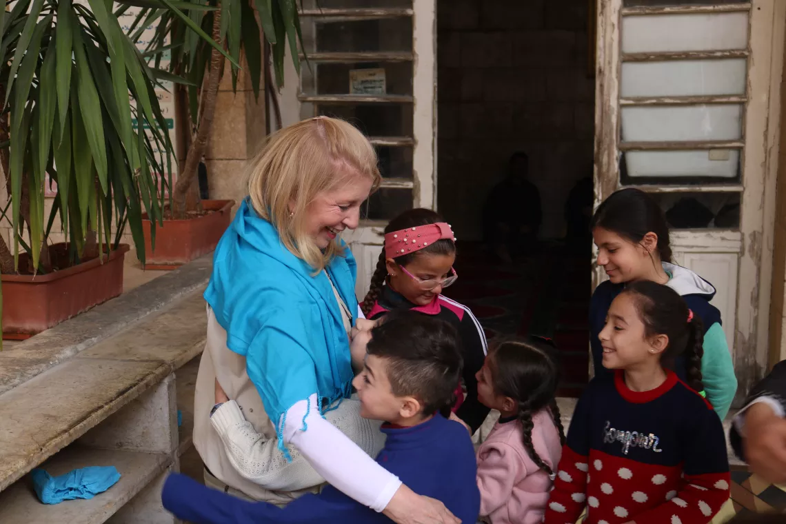 Catherine Russell with Syrian children displaced by the 2023 earthquakes