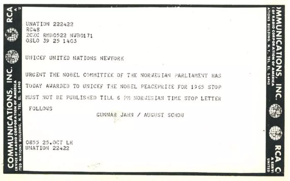 The original telegram informing UNICEF of having won the Nobel Peace Prize.
