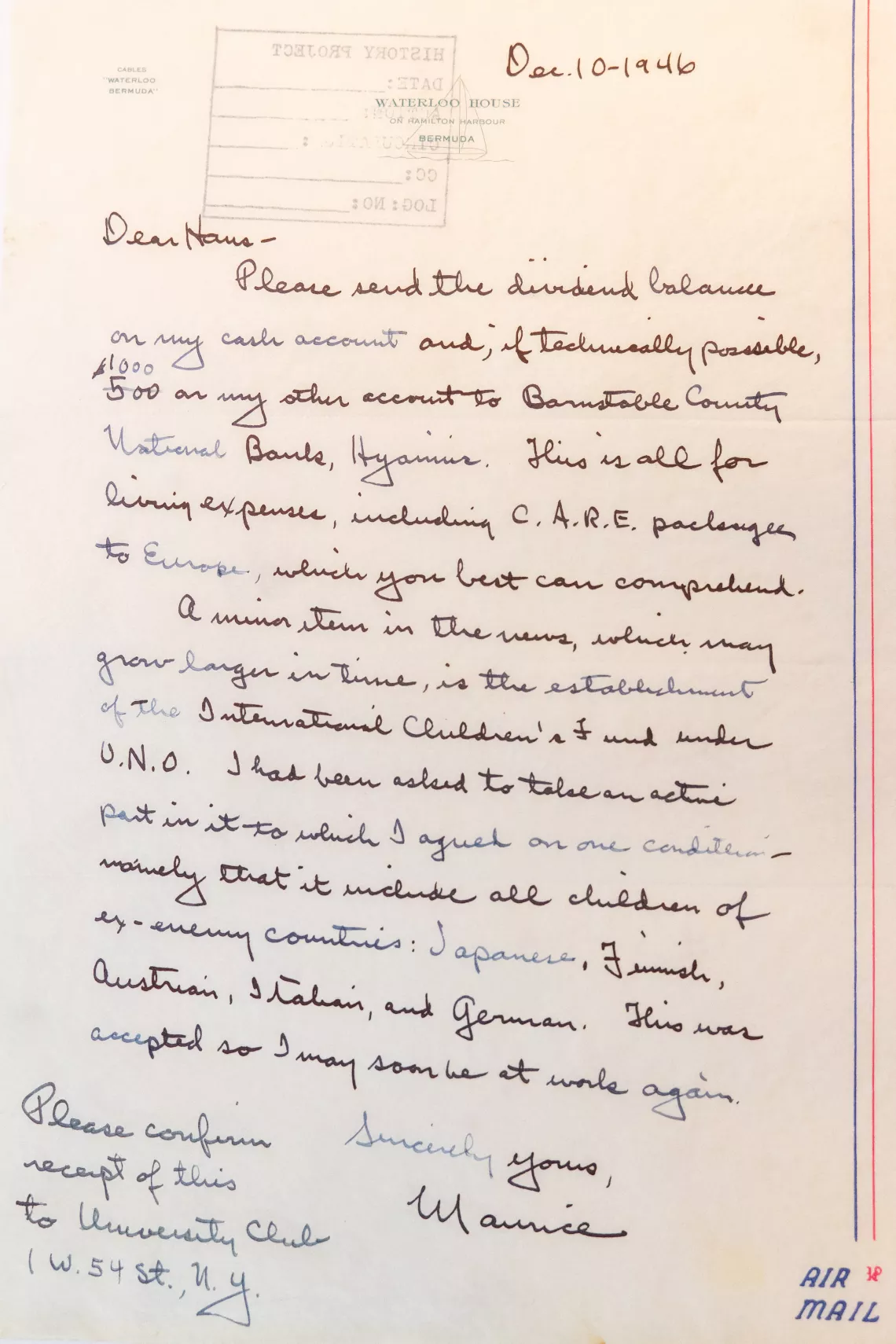 On 11 November 2019, at UNICEF Headquarters in New York, a view of a handwritten letter from UNICEF&rsquo;s first Executive Director, Maurice Pate, dated on the eve of UNICEF&rsquo;s foundation, 10 December 1946.