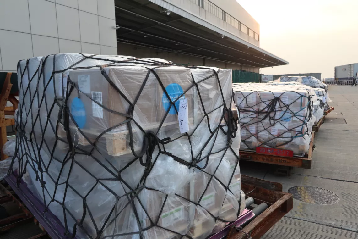 On 29 January 2020, a shipment of personal protective equipment is seen on arrival before being unloaded at Pudong International Airport in Shanghai in China.