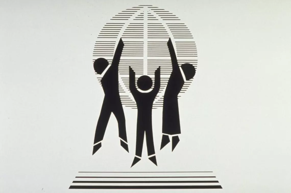 A poster for The World Summit for Children 1990 featuring three children holding up the world.