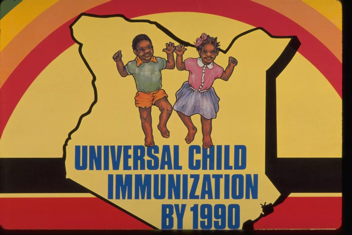 A happy boy and girl feature on a poster to promote universal child immunization.