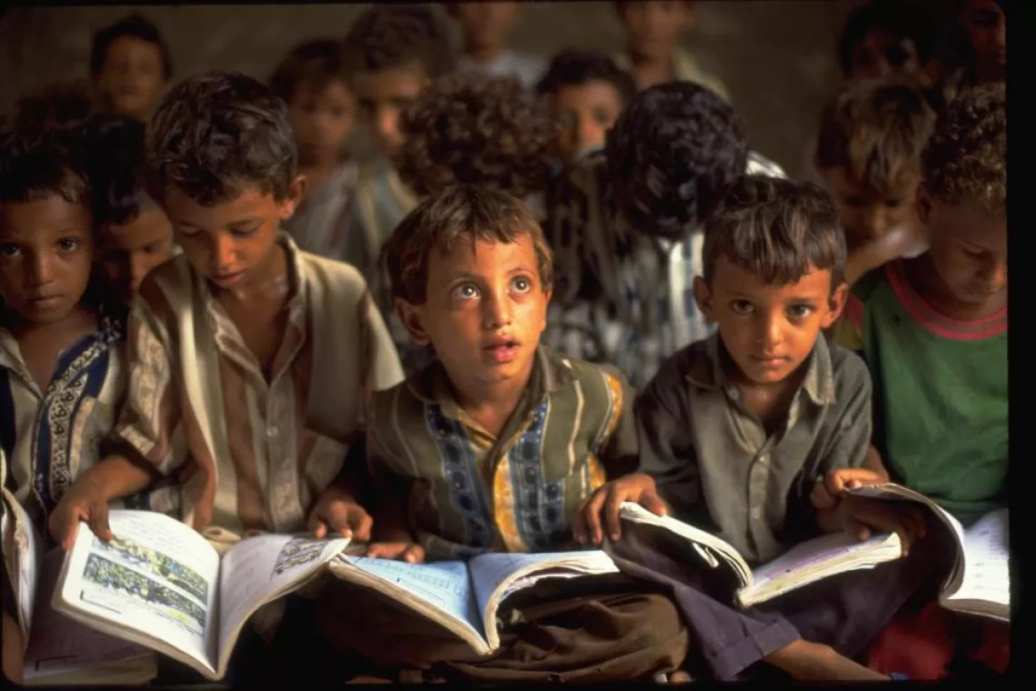Boys in class at Al-Bainia Primary School. Yemen, 1998.