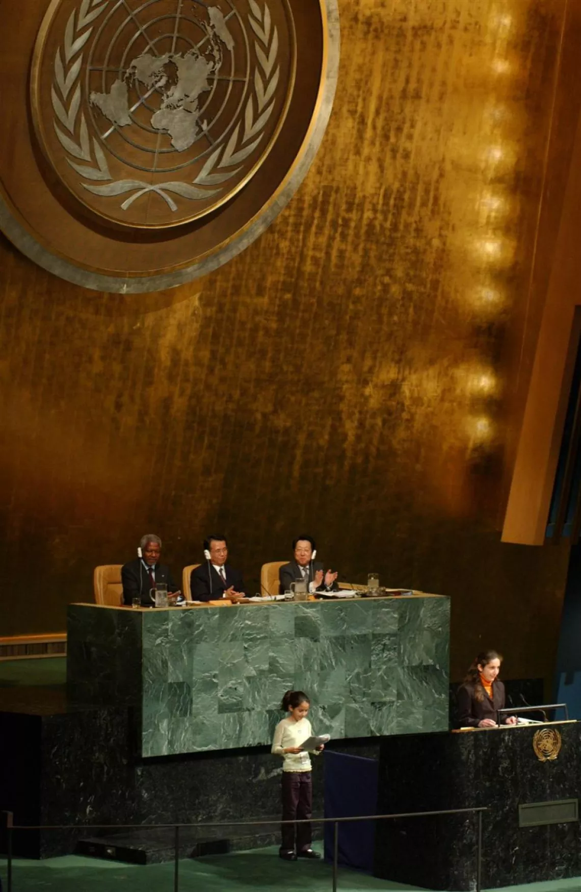 A child delegate addresses the United Nations General Assembly.