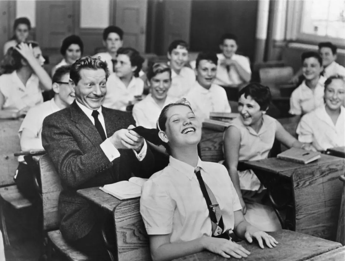 Danny Kaye visits his former primary school in Brooklyn, New York.