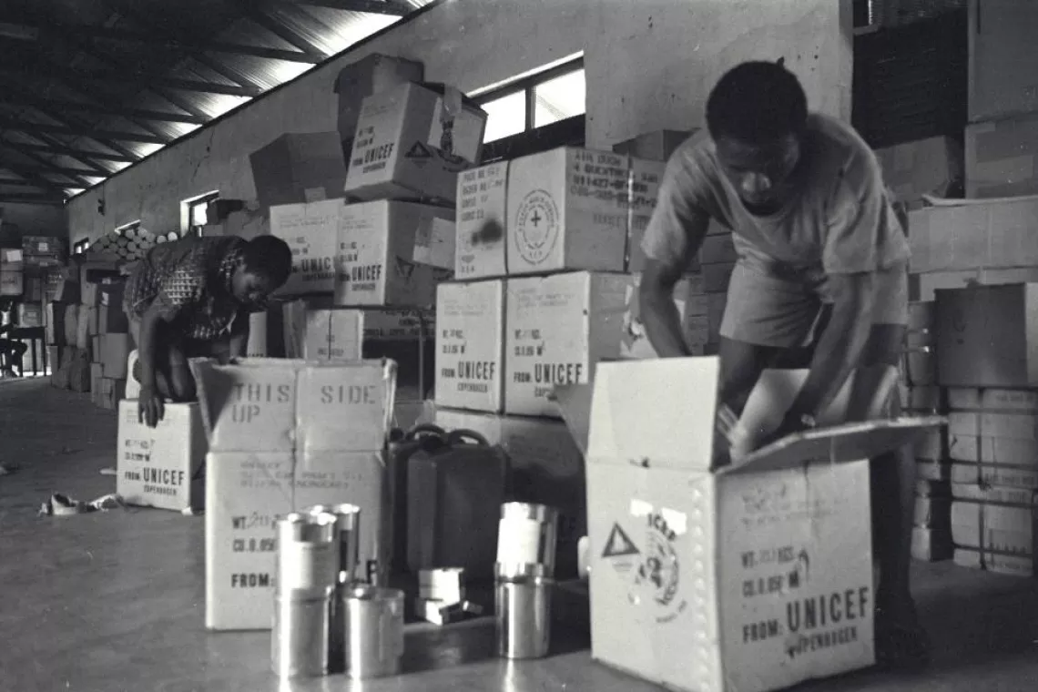Packages are prepared in Ubulu, Nigeria, for distribution in the Biafra region.