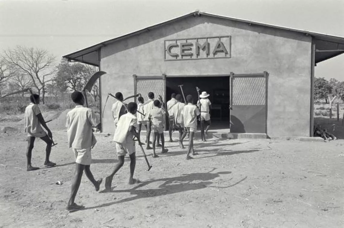 Boys enter a training centre.