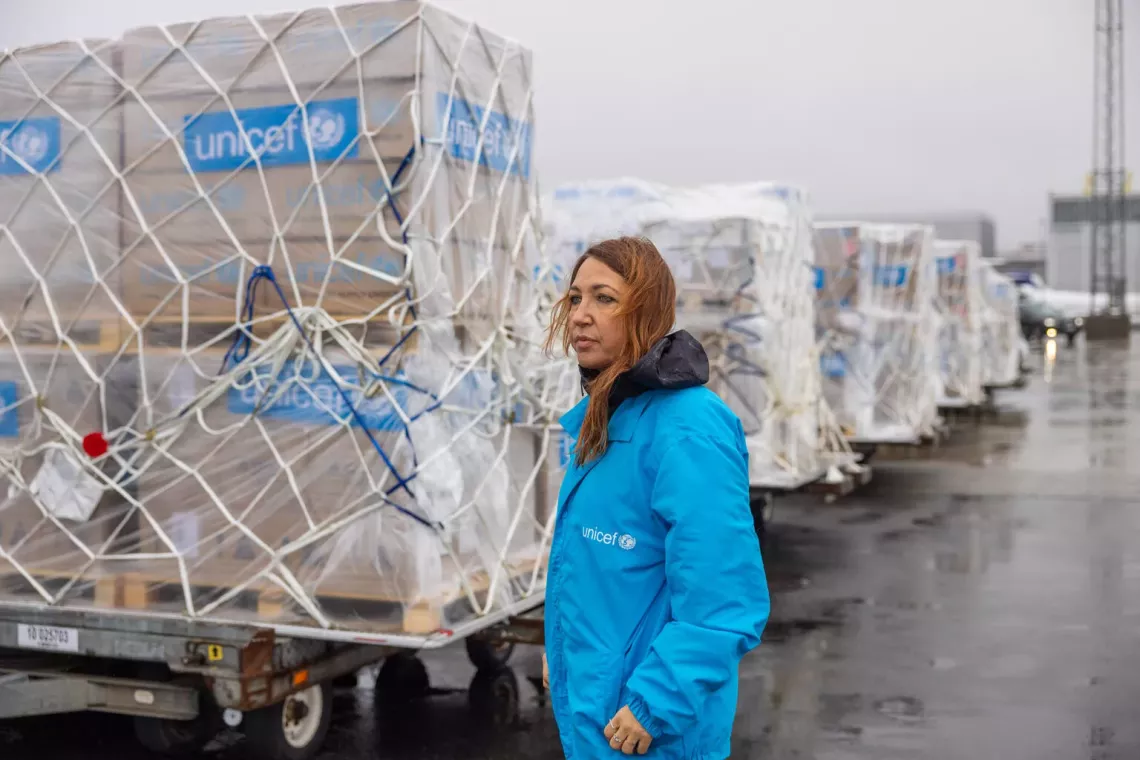 Loading of several shipments of essential supplies on UNICEF charter flights at the Copenhagen International Airport.