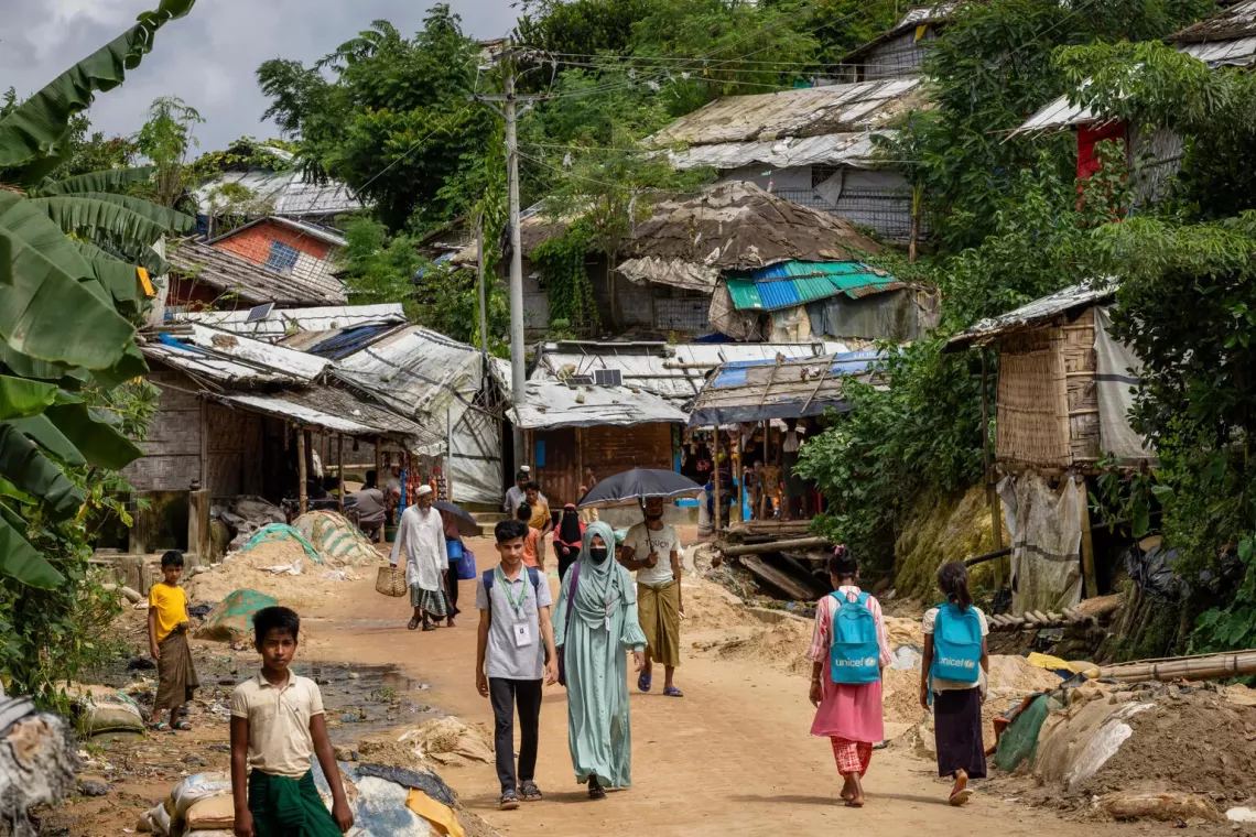 Bangladesh. Two nutrition volunteers walk through a Rohingya refugee camp in Cox's Bazar.