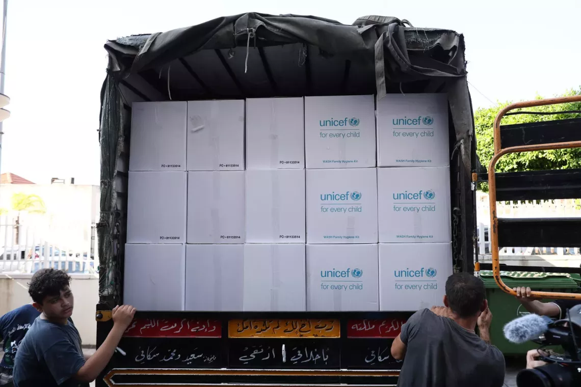 Lebanon. Bottled water and emergency hygiene kits are distributed at a school in Beirut, Lebanon.