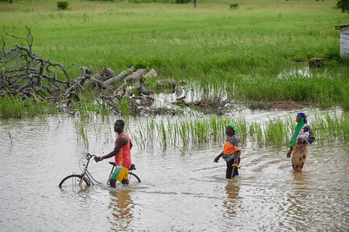 Ghana. A group of health workers cross a flooded field in northern Ghana.