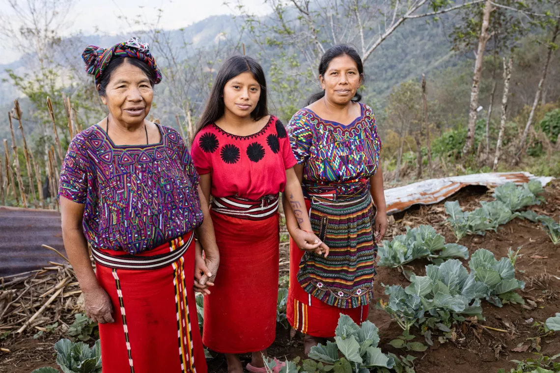 A grandmother, a mother and a 15-year-old girl dressed in red traditional Guatemalan dresses, stand together in their vegetable garden.