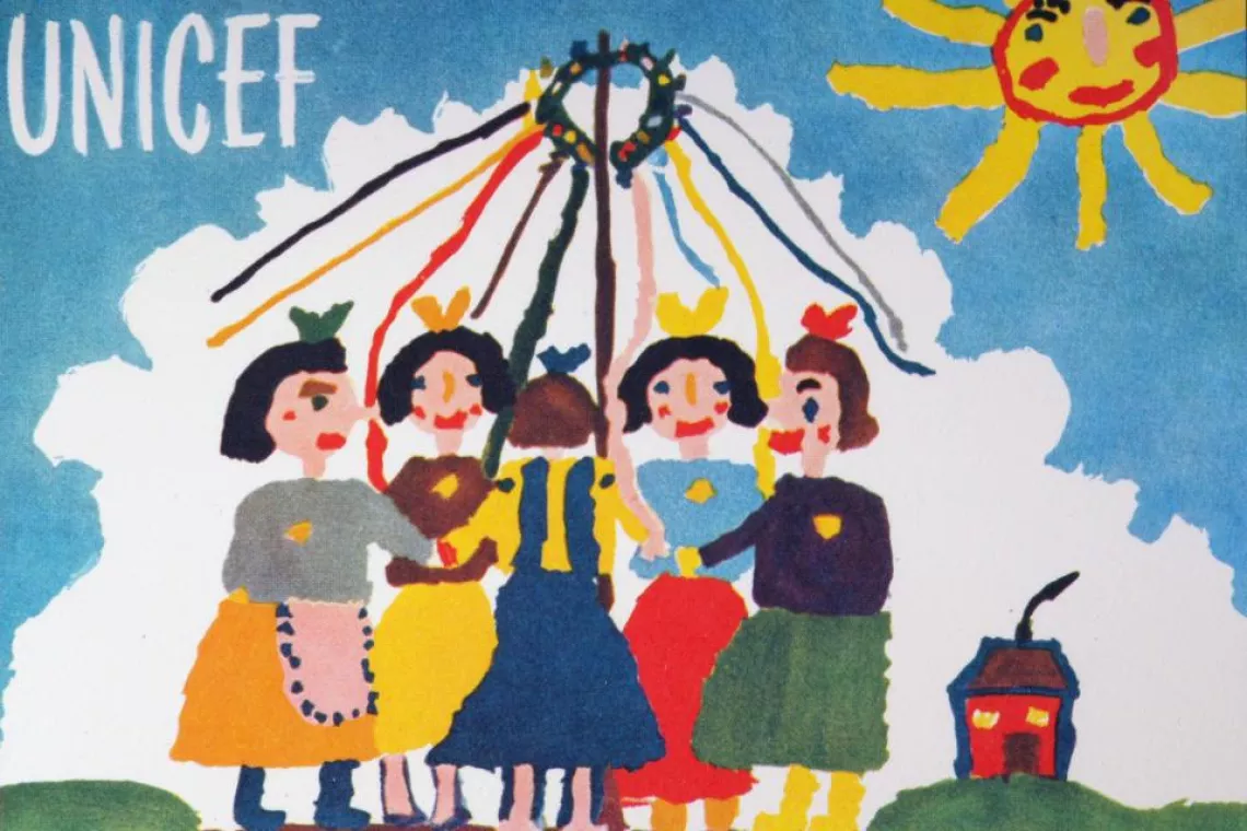 Drawing of dancing children by seven-year-old Dzitka Samkova.