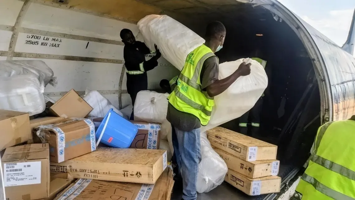 Democratic Republic of the Congo. Supplies for the Ebola response are unloaded at Bunia airport, Ituri Province.