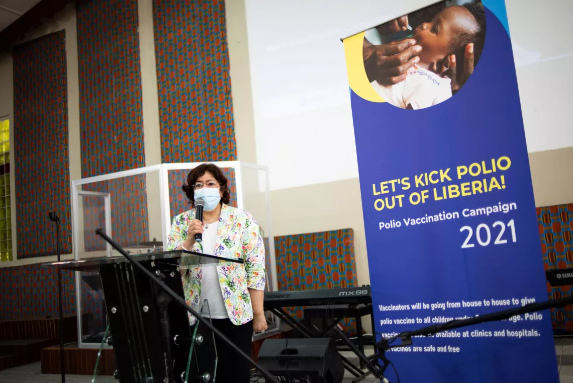 Liberia. Laila Omar Gad, UNICEF Representative to Liberia, speaks at the launch of the polio immunization campaign. 