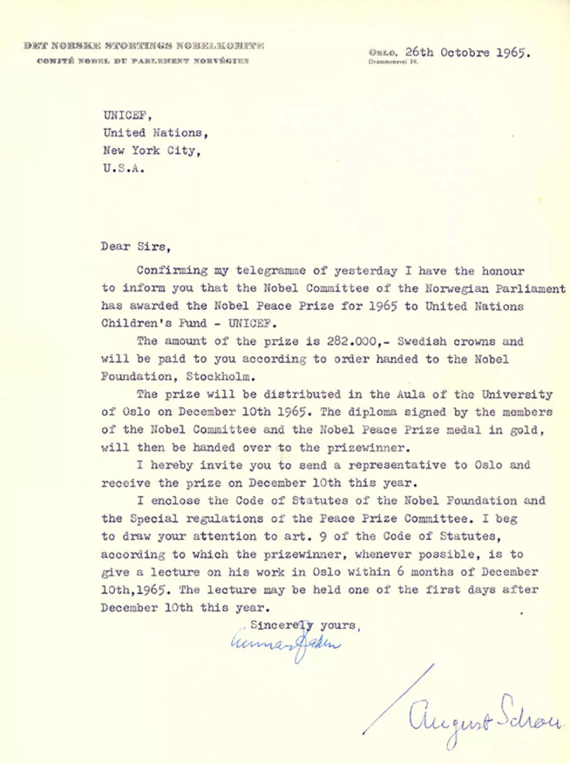 Nobel committee letter to UNICEF