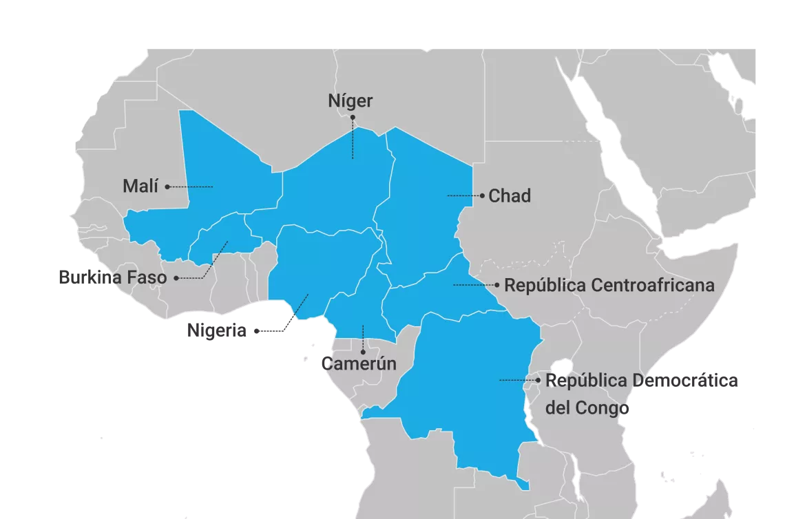 Mapa de pa&iacute;ses de &Aacute;frica central y occidental
