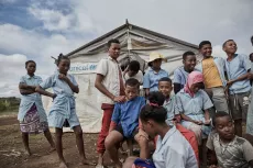 School children in Madagascar outside a UNICEF temporary school after a cyclone event