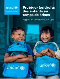 annual report cover: two children holding UNICEF's backpacks 