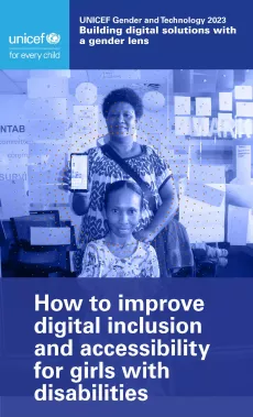 A woman with a mobile device standing behind a disabled girl