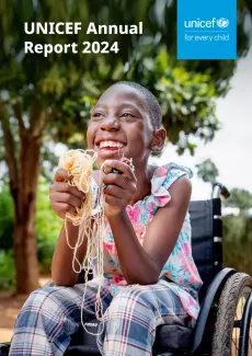 Cover of UNICEF Annual Report 2024 with a child sat on a wheelchair as a cover photo