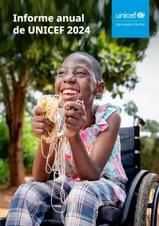 Cover of UNICEF Annual Report 2024 with a child sat on a wheelchair as a cover photo