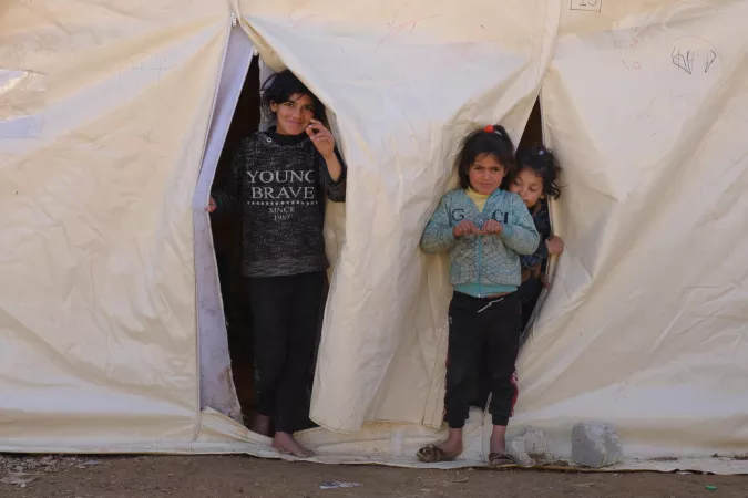 On 1 March 2023 in A'zaz, north-west Syria, children at a newly established camp for families displaced by the earthquakes.