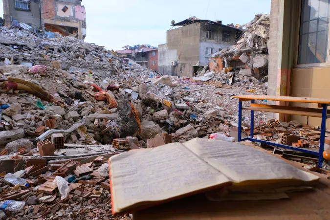 A destroyed school in Antakya, Hatay Province, T&uuml;rkiye, photographed on 5 March 2023.