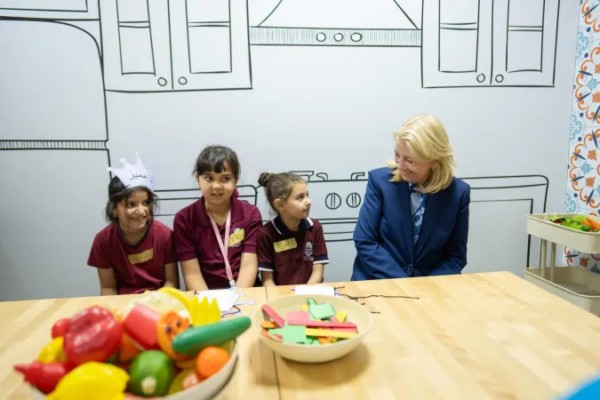 On 28 September 2026 in Amman, UNICEF Executive Director Catherine Russell spends time with children at a Jordan River Foundation community centre. UNICEF and the Foundation work together to provide protection services for children and training for families in preventing violence, as well as case management, counselling and psychosocial support services.