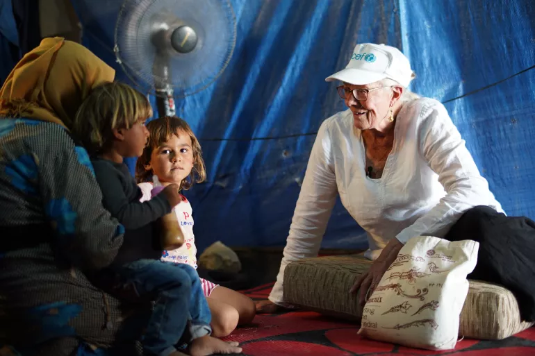 On 18 September 2018 in Lebanon, UNICEF Goodwill Ambassador Vanessa Redgrave (right) met with Syrian refugee families in Housh al Refka informal settlement in Bekaa Valley including the Hamdou family - a mother and nine children - who discussed with her the struggles they face to support themselves. Othman Hamdou (not pictured), 12, can't go to school as he must look after his siblings while his mother works as the sole breadwinner for his family.