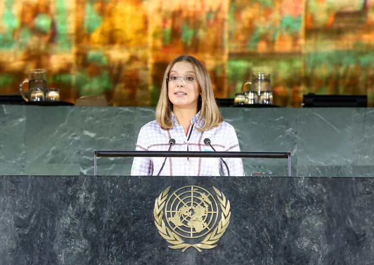 UNICEF Goodwill Ambassador Millie Bobby Brown addresses a global summit at United Nations Headquarters in New York on 20 November 2019, joining children and young people the world over in demanding action to protect and promote child rights.
