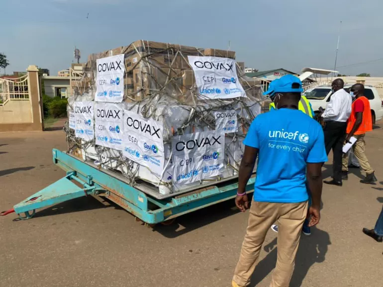 On 25 March 2021, 132,000 doses of the Astra Zeneca COVID-19 vaccine arrived at the Juba International Airport, the first of several vaccine shipments scheduled to arrive over the coming months to South Sudan through the support of the COVAX Facility.