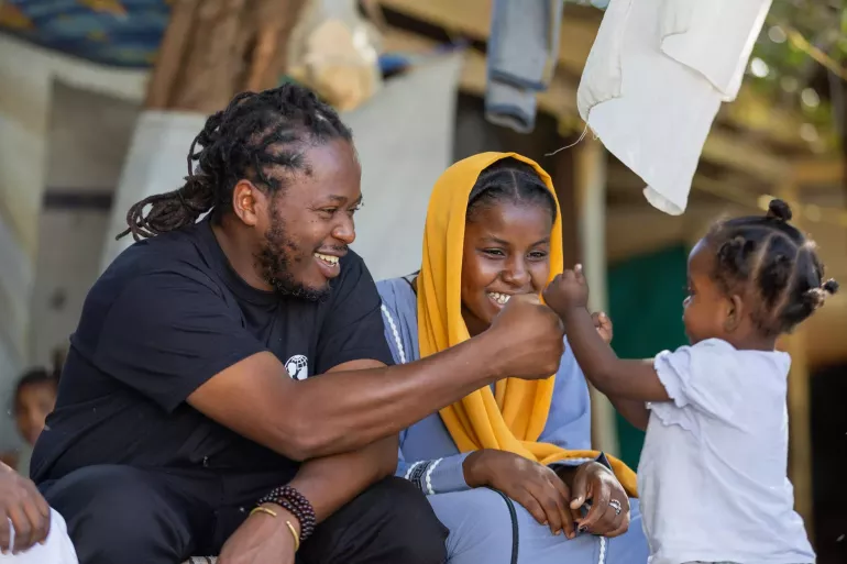 On 2 December 2024, Ishmael Beah, UNICEF goodwill ambassador, joins children in recreational activities at a UNICEF-supported child-friendly space in Port Sudan.