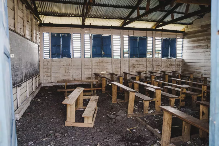 Empty classroom at the UNICEF-supported Bulengo Primary School in the Bulengo displacement site, near Goma, North Kivu province in DR Congo, on 10 February 2025.