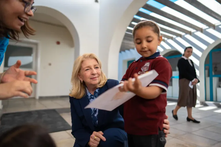 On 28 September 2026 in Amman, UNICEF Executive Director Catherine Russell spends time with children at a Jordan River Foundation community centre. UNICEF and the Foundation work together to provide protection services for children and training for families in preventing violence, as well as case management, counselling and psychosocial support services.