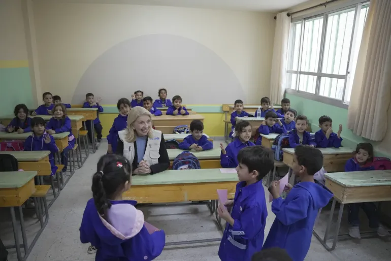 UNICEF Executive Director Catherine Russell interacts with students during a classroom visit at a UNICEF-rehabilitated school in Dahiet Al-Sham, Rural Damascus, Syria, 30 September 2026.