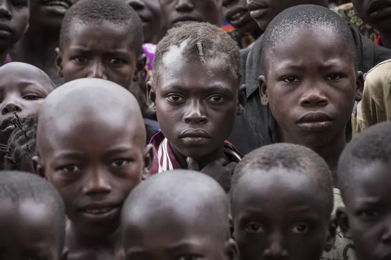 Children gather at the school in Ndenga village, 30 kilometres from Kaga Bandoro, Central African Republic. 