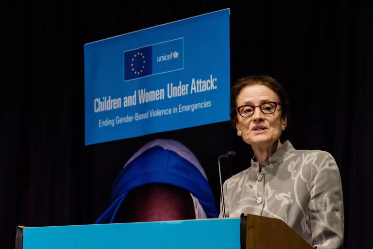UNICEF Executive Director Henrietta H. Fore speaks during a high level event titled &lsquo;Gender-Based Violence in Emergencies&rsquo; at the UNICEF headquarters in New York during the 73rd session of the UN General Assembly on 27 September 2018.