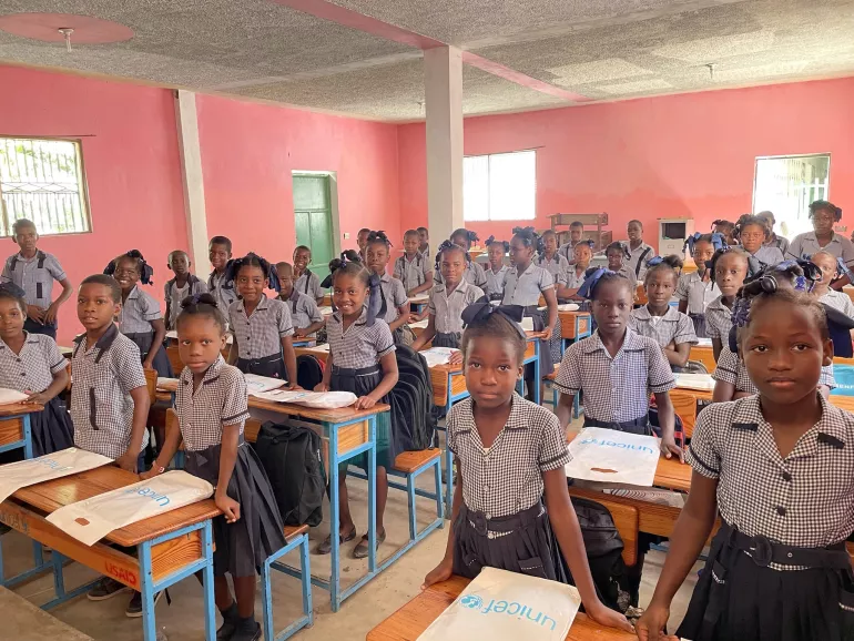 In the southern departments of Haiti, UNICEF is distributing over 80,000 school kits as part of the relief efforts after the 2021 earthquake.