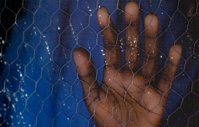 Nigeria. A woman presses her hand against a screen door.