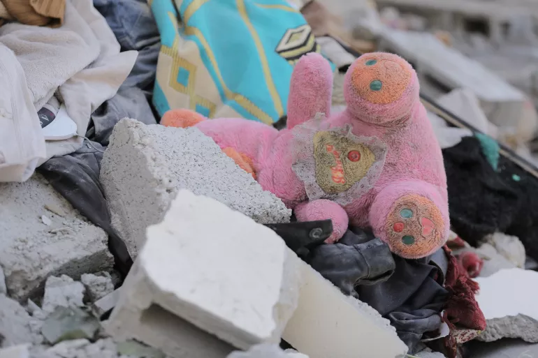 Gaza. A soft toy is pictured in the remains of a destroyed building.