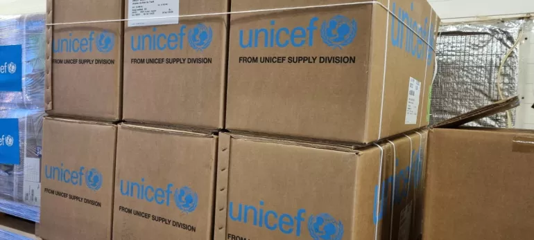 Emergency medical supplies arrive in Ukraine on 5 March, 2022. The supplies include resuscitation kits, first aid kits, and are being transported to around 100 hospitals in Kiev and Kharkiv.