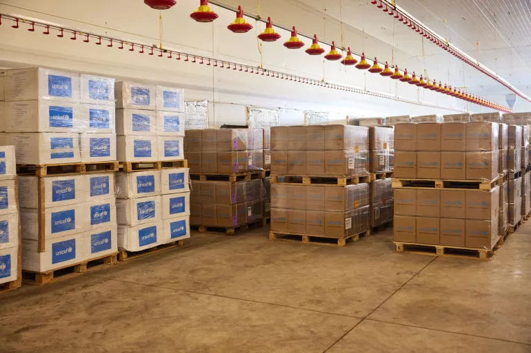 Ukraine. UNICEF supplies recently arrived at a warehouse.