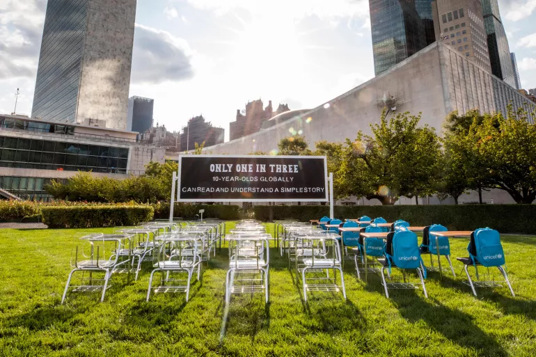 On 14 September 2022, a view of UNICEF&rsquo;s &lsquo;Learning Crisis Classroom&rsquo; installation at United Nations Headquarters in New York.