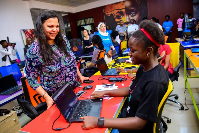 Urmila Sarkar engages with  Girls' Education Skills Partnership (GESP) participants at Yaba College of Technology, Nigeria.