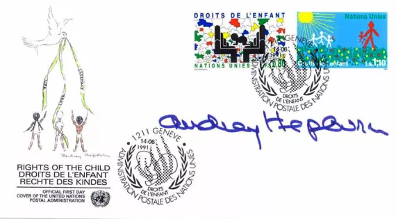 Audrey Hepburn, UNICEF Goodwill Ambassador, drew this design on the official First Day Cover of the United Nations Postal Administration for the Rights of the Child and signed a copy for the Archives.