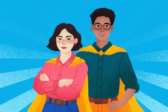 An illustration shows two young people wearing capes on a blue background.