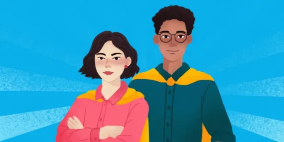An illustration shows two young people wearing capes on a blue background.